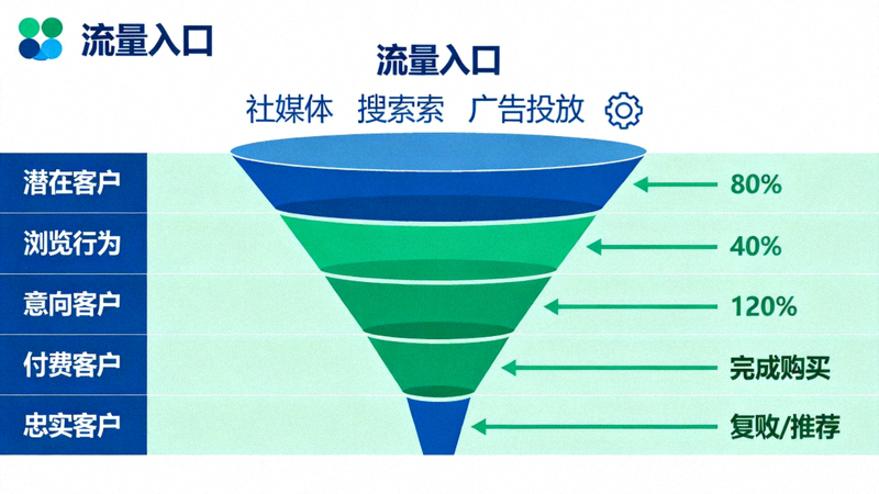 从流量到忠诚文章配图 - 描绘一个从广阔流量入口逐渐聚焦，最终转化为忠实客户群体的漏斗模型图