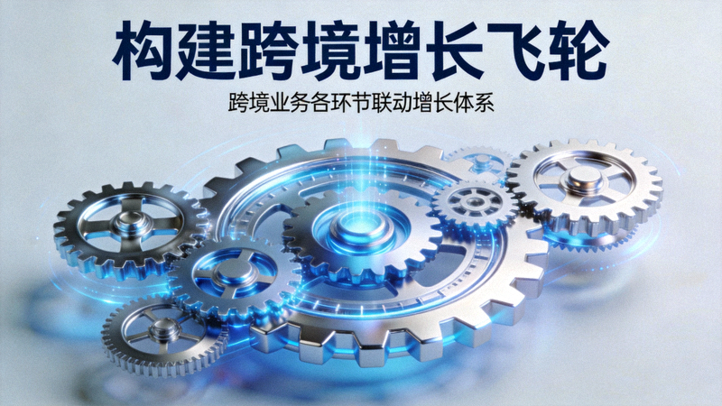 构建跨境增长飞轮资讯配图 - 一个动态的、由多个齿轮组成的增长飞轮三维模型，象征着各环节的联动