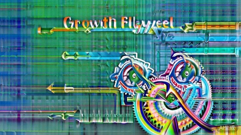 构建增长飞轮文章配图 - 一个由市场、转化、售后三大模块构成的循环飞轮，箭头表示能量与数据的正向流动