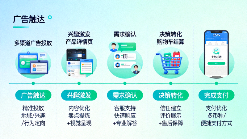 跨境客户转化全路径解析文章配图 - 一条清晰的客户转化路径图，标注了从广告触达到完成支付各个阶段的优化策略