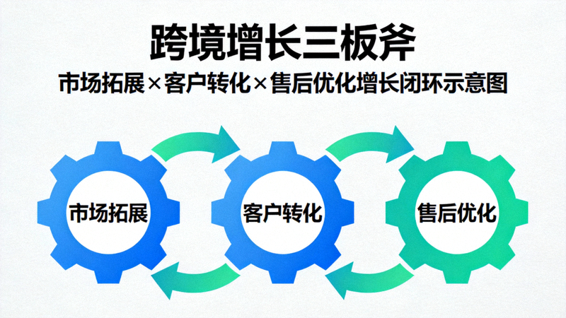 跨境增长三板斧文章配图 - 展示市场拓展、客户转化与售后优化三个齿轮紧密咬合，形成增长闭环的示意图