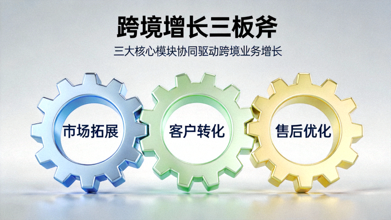 跨境增长三板斧文章配图 - 展示市场拓展、客户转化与售后优化三个齿轮紧密咬合，形成增长闭环的示意图
