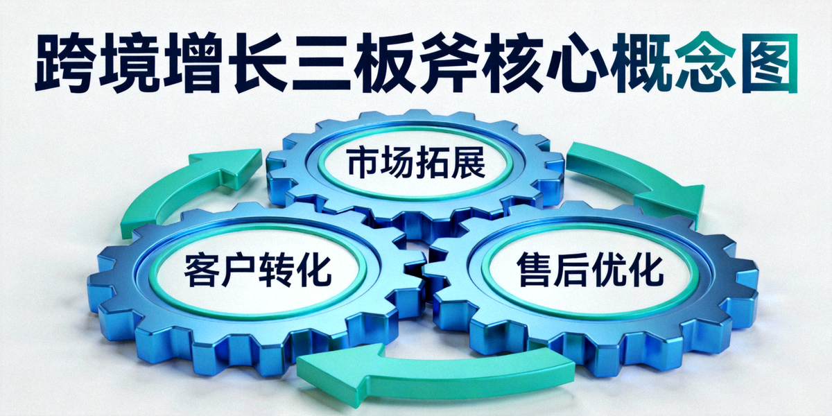 跨境增长三板斧核心概念图：三个相互连接的齿轮分别代表市场拓展、客户转化和售后优化，形成一个循环的飞轮