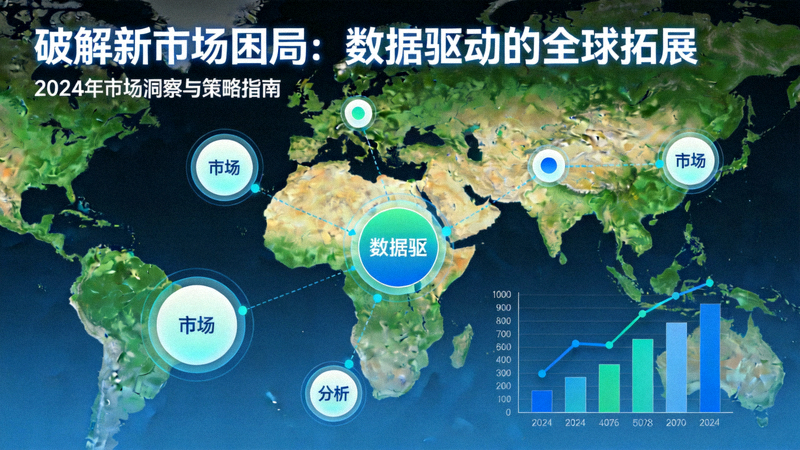 破解新市场困局文章配图 - 全球地图上标注着不同市场的数据点和分析图表，象征着数据驱动的市场拓展