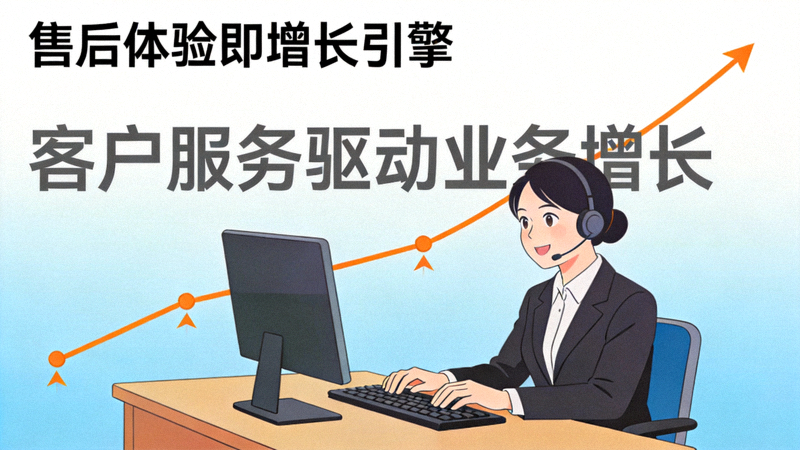 售后体验即增长引擎文章配图 - 一位客服人员正在电脑前提供专业服务，背景是上升的增长曲线图