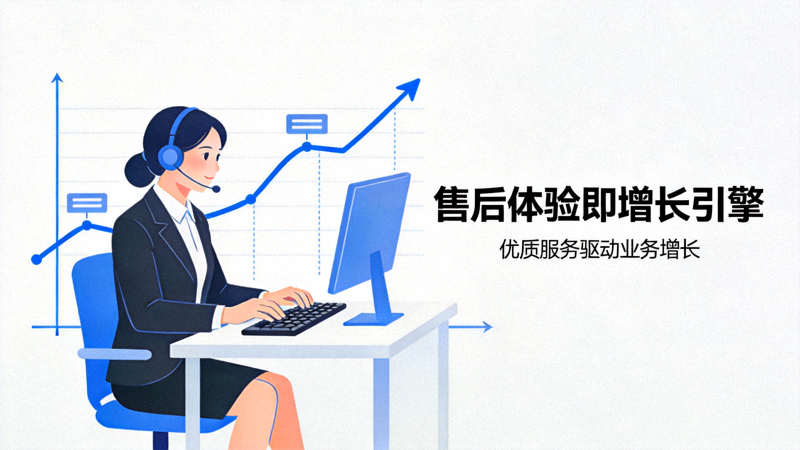 售后体验即增长引擎文章配图 - 一位客服人员正在电脑前提供专业服务，背景是上升的增长曲线图