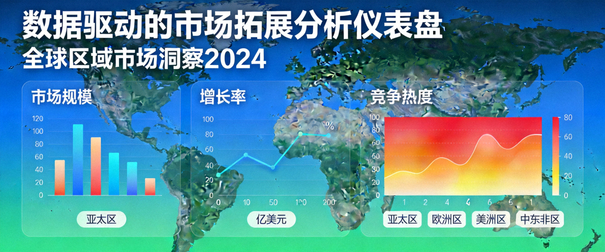 数据驱动的市场拓展分析仪表盘：展示全球不同区域的市场规模、增长率和竞争热度热力图