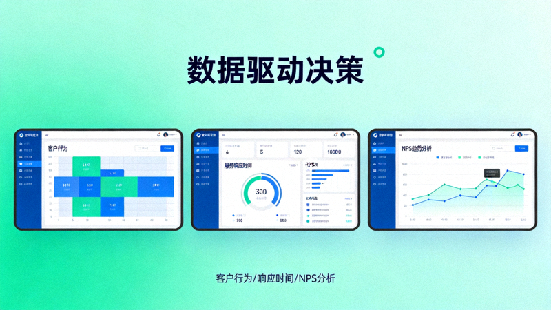 数据驱动决策资讯配图 - 屏幕上显示着客户行为热力图、服务响应时间仪表盘和NPS趋势分析图表