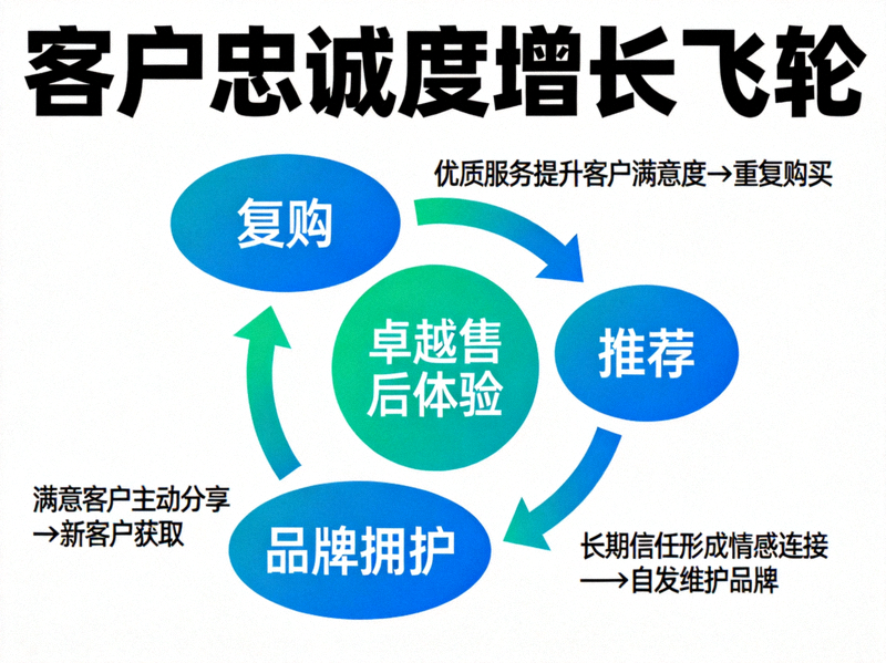客户忠诚度增长飞轮 - 展示卓越售后体验如何驱动复购、推荐和品牌拥护的良性循环图