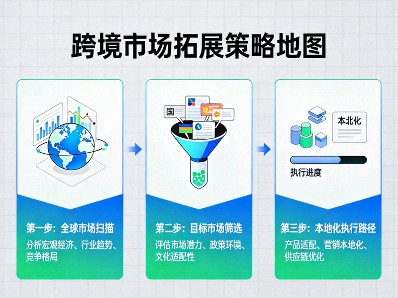 跨境市场拓展策略地图 - 展示从全球市场扫描、目标市场筛选到本地化执行路径的完整流程图