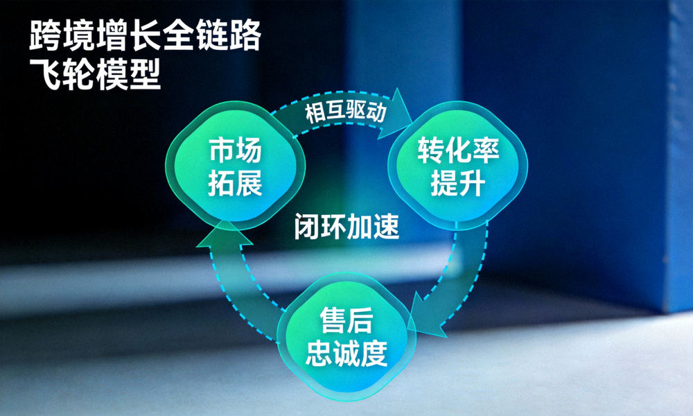 跨境增长全链路飞轮模型 - 市场拓展、转化率提升、售后忠诚度三大模块相互驱动，形成闭环加速的示意图