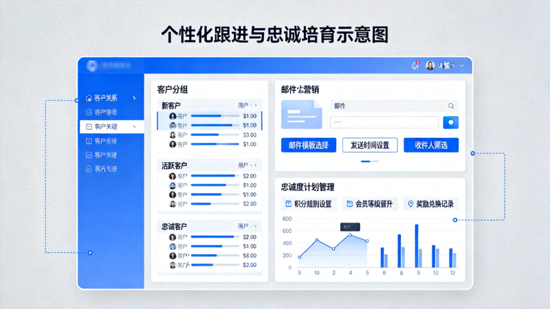 个性化跟进与忠诚培育示意图 - 一个客户关系管理后台界面，展示了对不同客户分组的个性化邮件营销和忠诚度计划管理