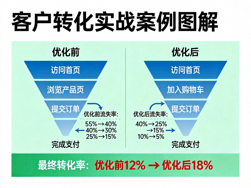 客户转化实战案例图解 - 对比优化前后的网站转化漏斗图，显示各环节流失率降低和最终转化率提升