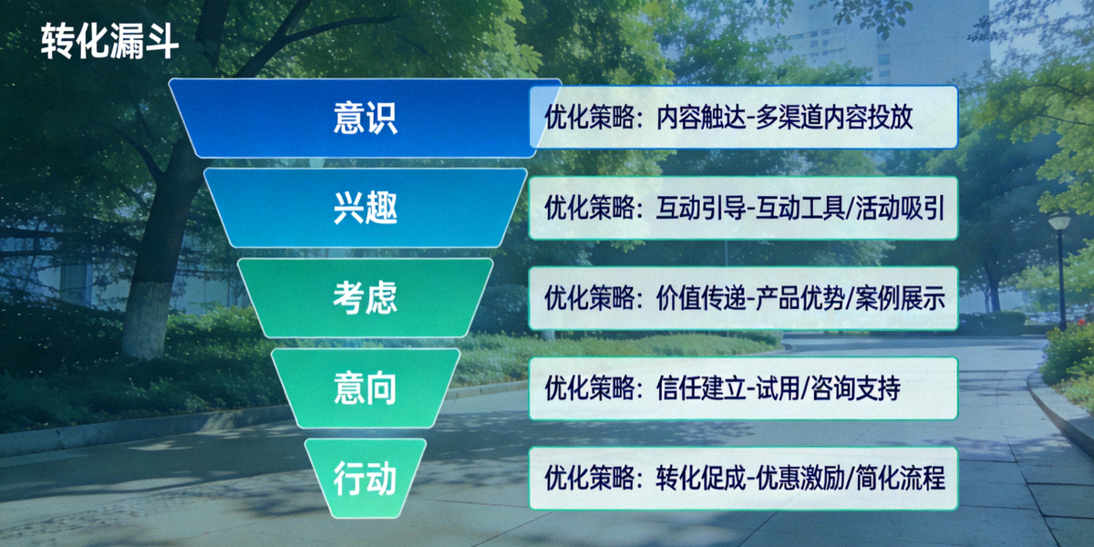 客户转化引擎示意图 - 一个精细化的转化漏斗，从意识到兴趣、考虑、意向到行动，每个阶段都标注了优化策略