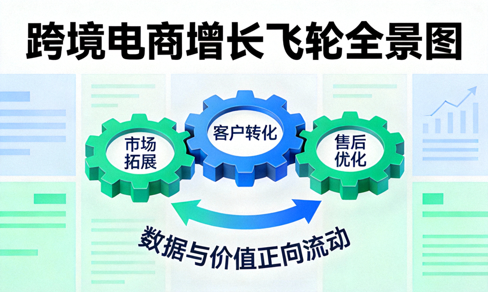 跨境电商增长飞轮全景图 - 市场拓展、客户转化、售后优化三大齿轮紧密咬合，形成顺时针旋转的循环，箭头表示数据与价值的正向流动