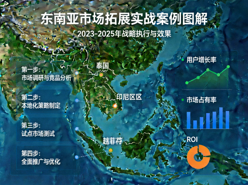 市场拓展实战案例图解 - 展示东南亚地图，上面标注了市场进入步骤、数据指标和增长曲线