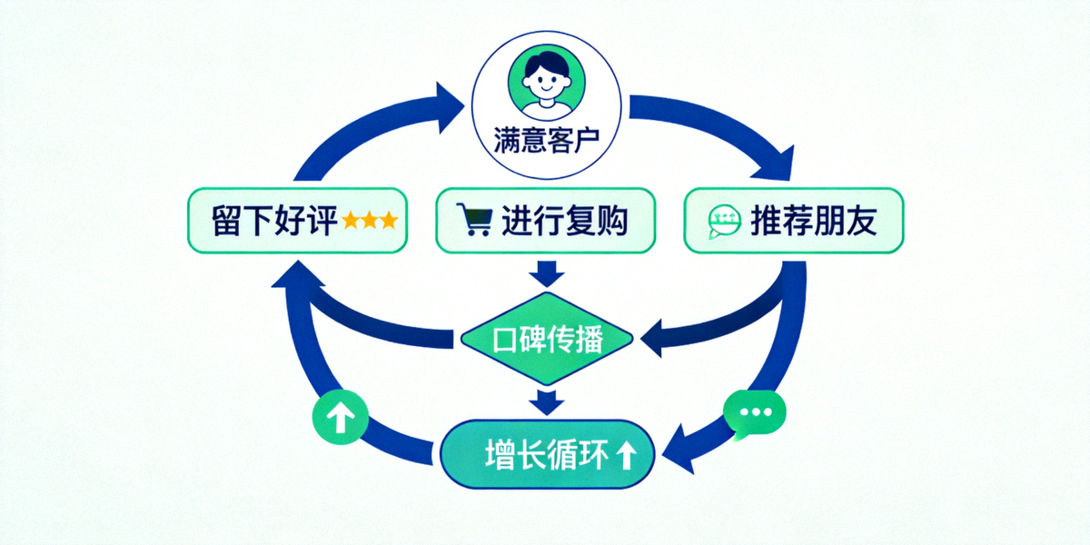 售后优化引擎示意图 - 展示一个满意的客户通过留下好评、进行复购和推荐朋友，形成口碑传播与增长循环