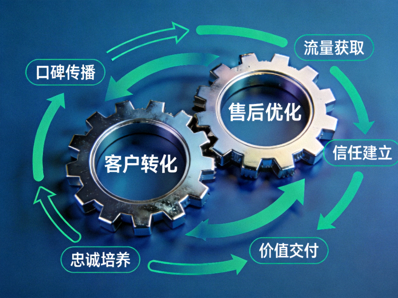 双轮驱动增长飞轮示意图 - 一个由‘客户转化’和‘售后优化’两个大齿轮咬合驱动的飞轮，飞轮外围标注着‘流量获取’、‘信任建立’、‘价值交付’、‘忠诚培养’、‘口碑传播’等环节，箭头表示能量的正向循环流动