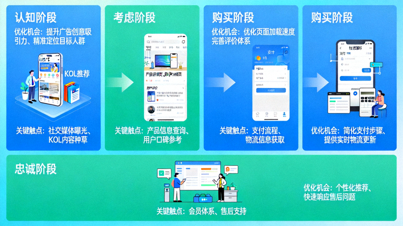 用户旅程精细化映射示意图 - 展示一个从认知、考虑、购买到忠诚的完整跨境购物旅程图，标注了各阶段的关键触点与优化机会