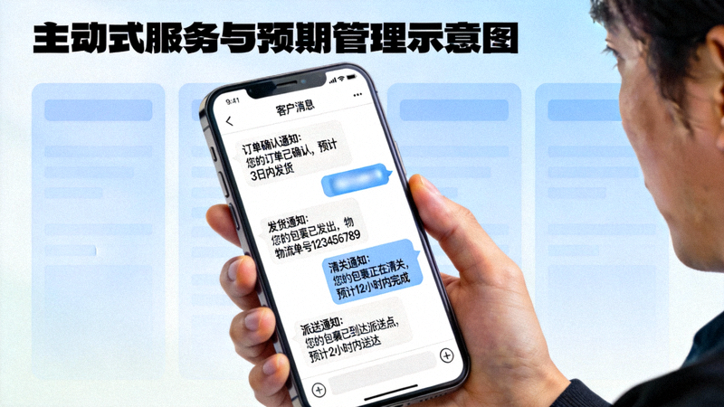 主动式服务与预期管理示意图 - 一位客户手机屏幕上显示着从订单确认、发货、清关到派送的全流程主动通知消息截图