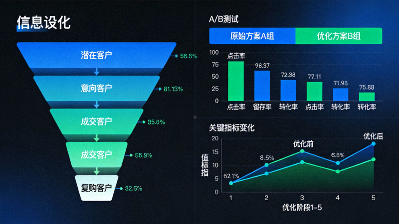 转化漏斗持续优化示意图 - 一个多层级的转化漏斗图，旁边配有A/B测试对比数据和优化前后的关键指标变化曲线