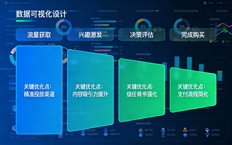 高转化策略漏斗模型图 - 描绘从流量获取、兴趣激发、决策评估到完成购买的用户转化路径，并标注了各环节的关键优化点