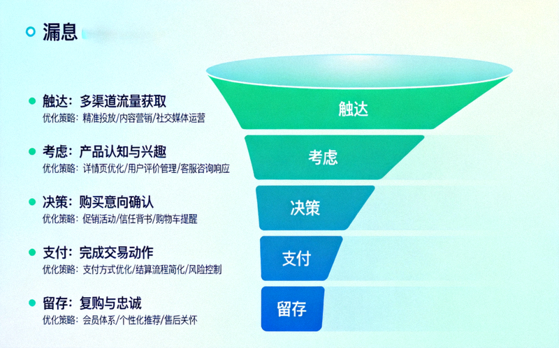 跨境电商客户转化全景漏斗图 - 详细展示从访客到忠实客户的五个阶段：触达、考虑、决策、支付、留存，并标注各阶段的核心优化策略