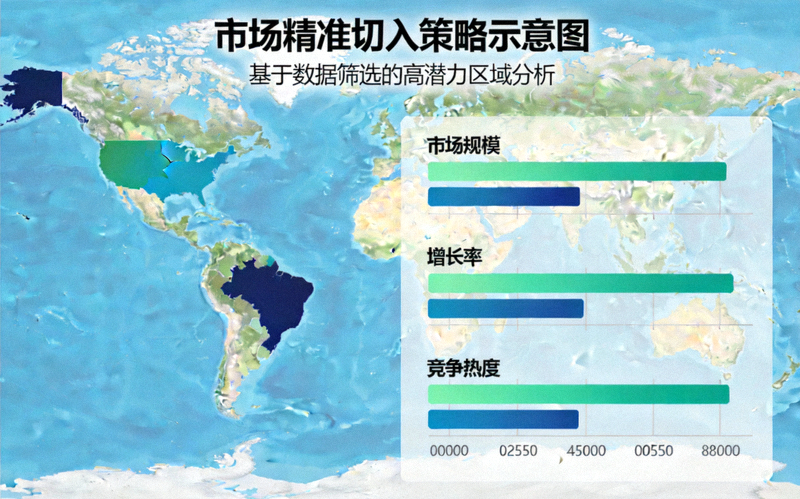市场精准切入策略示意图 - 展示全球地图上通过数据筛选出高潜力市场区域，并配有市场规模、增长率、竞争热度等分析维度的图表