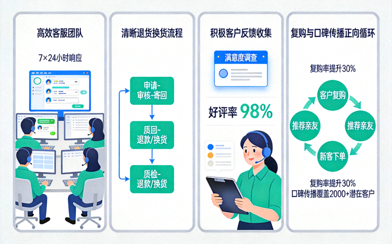 售后竞争力构建场景图 - 展示高效的客服团队、清晰的退货换货流程、积极的客户反馈收集以及由此带来的复购与口碑传播正向循环