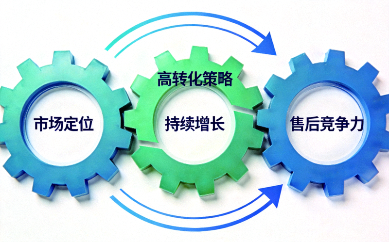 跨境增长飞轮整合模型图 - 市场定位、高转化策略、售后竞争力三个齿轮紧密咬合，形成顺时针旋转的闭环，中心是‘持续增长’” class=