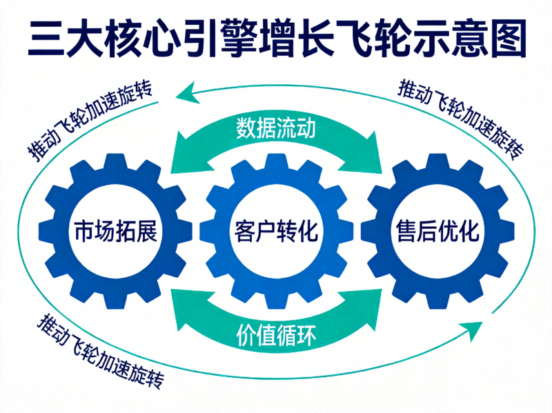 三大核心引擎构成的增长飞轮示意图 - 市场拓展、客户转化、售后优化三个齿轮紧密咬合，箭头显示数据与价值在其中循环流动，推动飞轮加速旋转