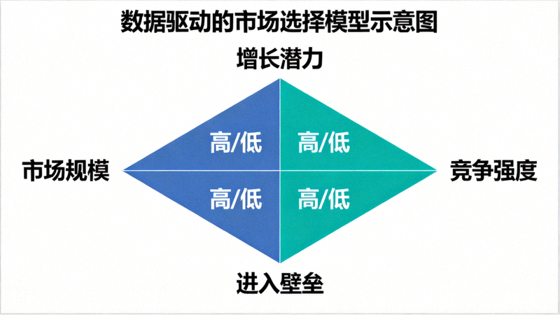 数据驱动的市场选择模型示意图 - 展示一个由市场规模、竞争强度、增长潜力和进入壁垒四个维度构成的评估矩阵