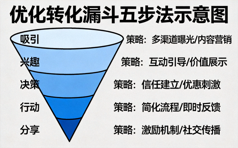 优化转化漏斗五步法示意图 - 一个清晰的漏斗图形，标注了吸引、兴趣、决策、行动、分享五个阶段及对应策略