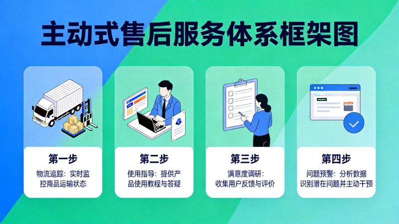 主动式售后服务体系框架图 - 展示从物流追踪、使用指导、满意度调研到问题预警的主动服务流程