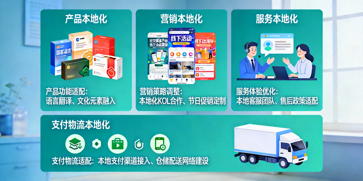 深度本地化运营策略示意图 - 展示从产品、营销、服务到支付物流全链条的本地化适配过程